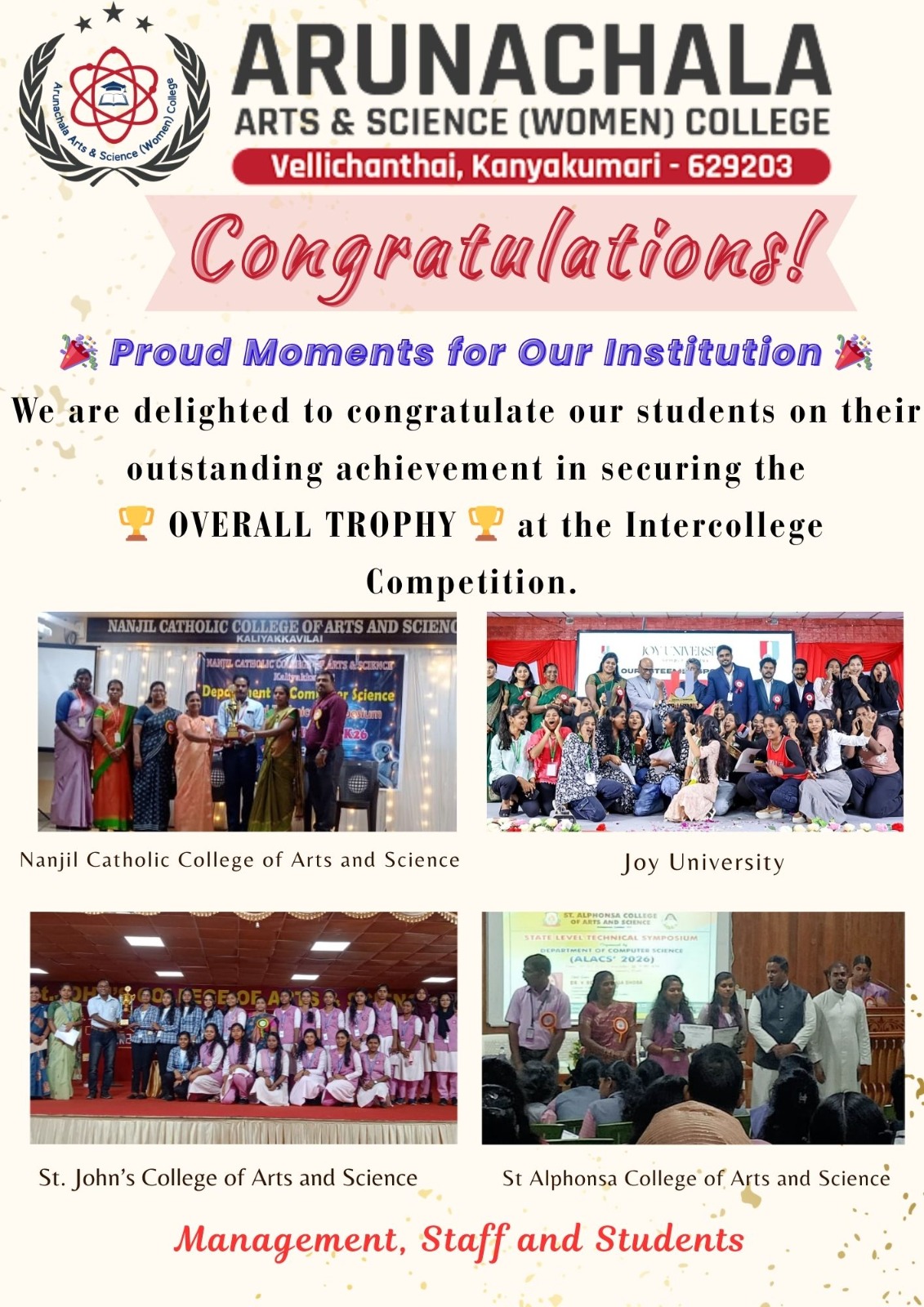 Our College proudly congratulates our talented students for winning the 🏆 Overall Trophy 🏆 in various Intercollegiate Competitions.